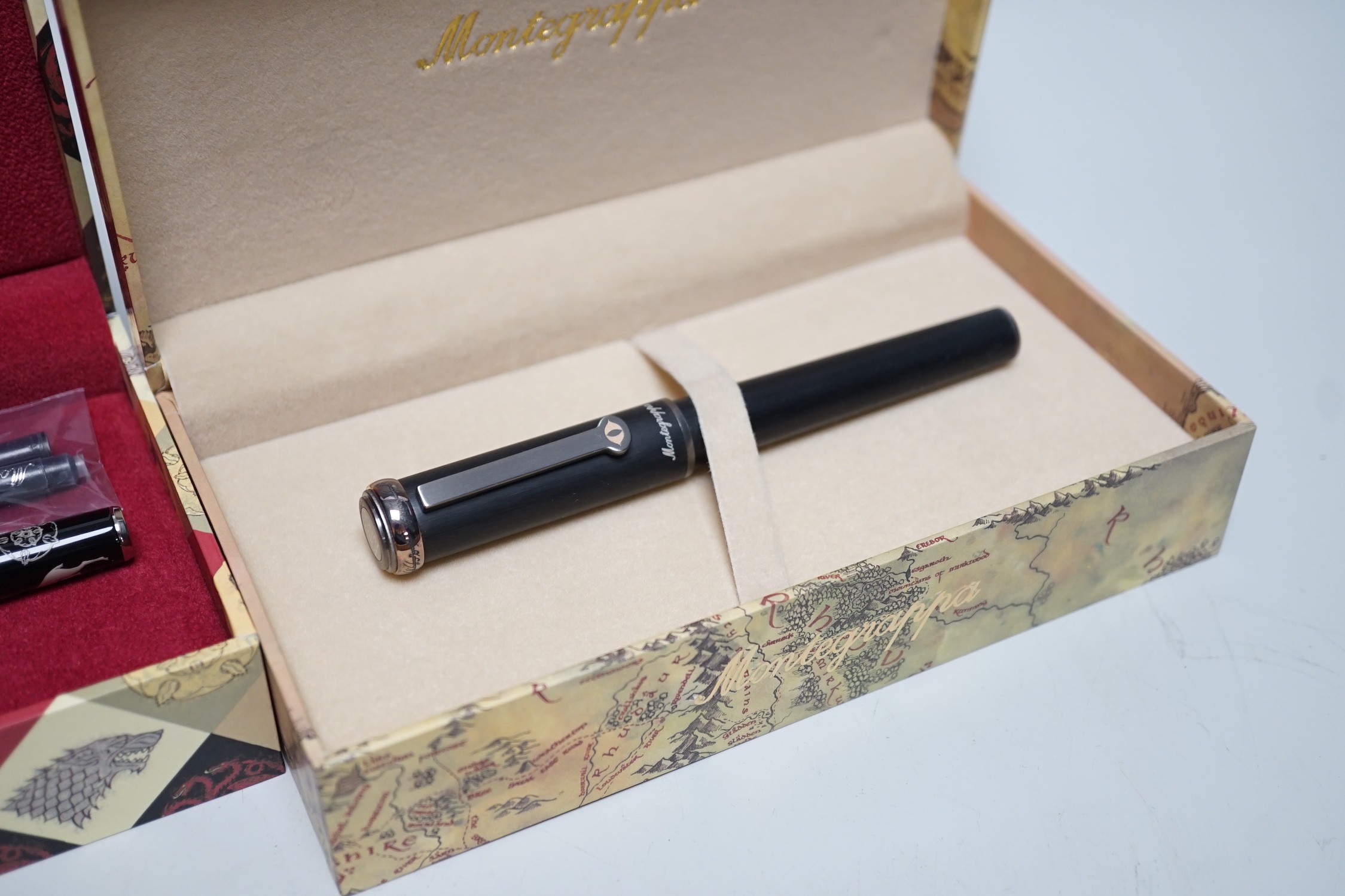 Two Montegrappa fountain pens, Game of Thrones, Westeros and Lord of the Rings, Eye of Sauron, cased